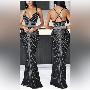 Windsor Black Beaded Maxi Dress with Rhinestone Waist